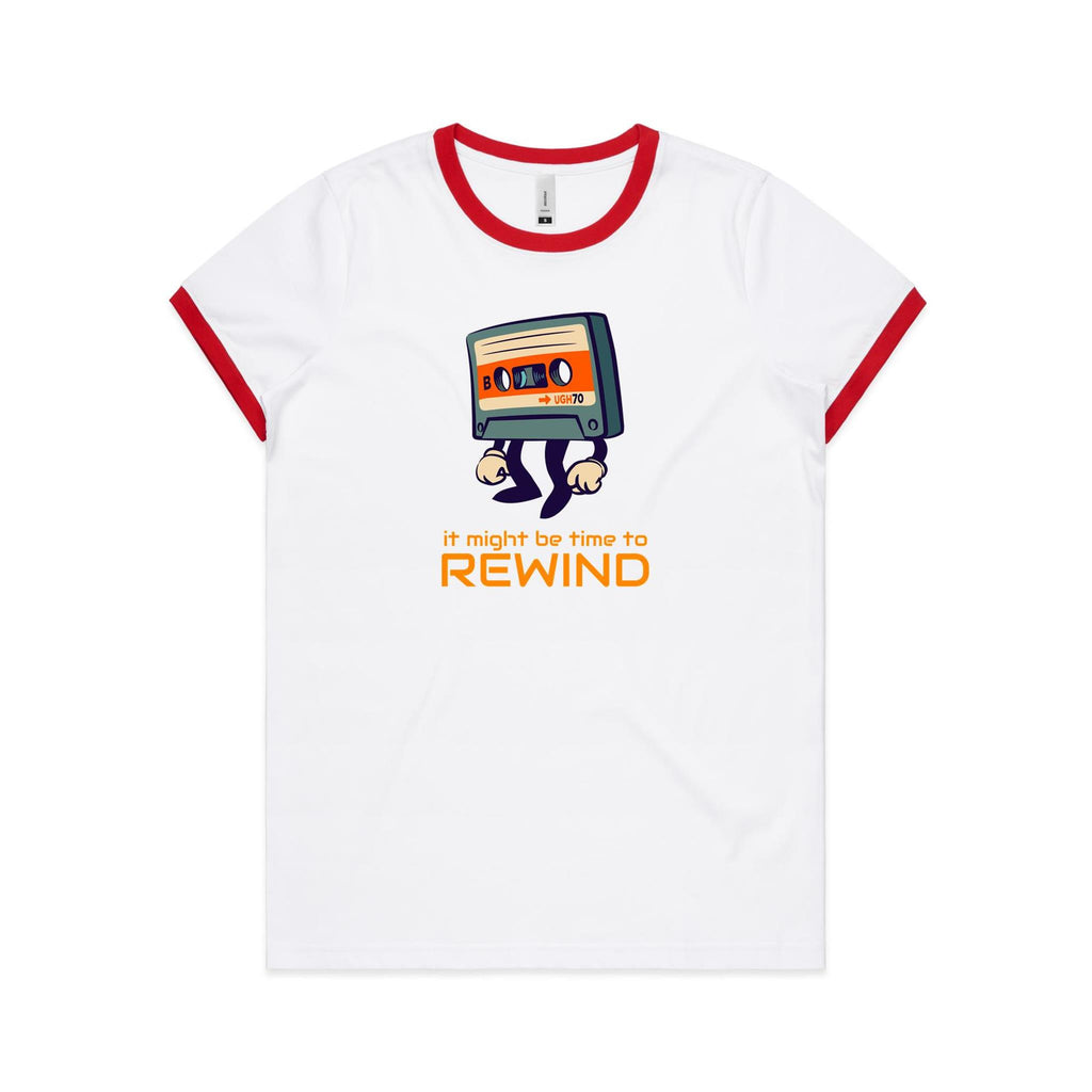 It Might Be Time To Rewind, Cassette Tape - Women's Ringer Tee White Red Womens Ringer T-shirt Music Printed In Australia Retro