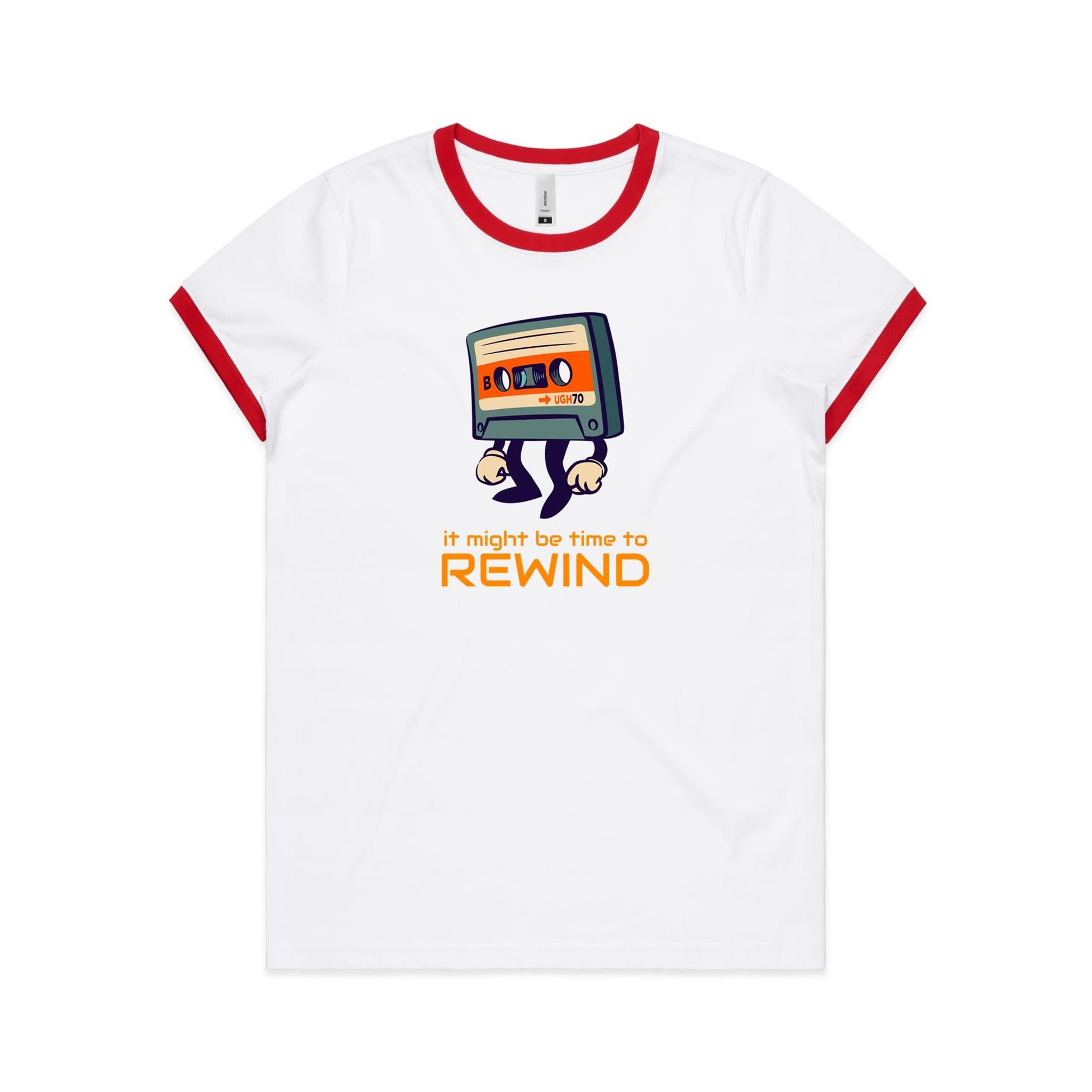 It Might Be Time To Rewind, Cassette Tape - Women's Ringer Tee White Red Womens Ringer T-shirt Music Printed In Australia Retro