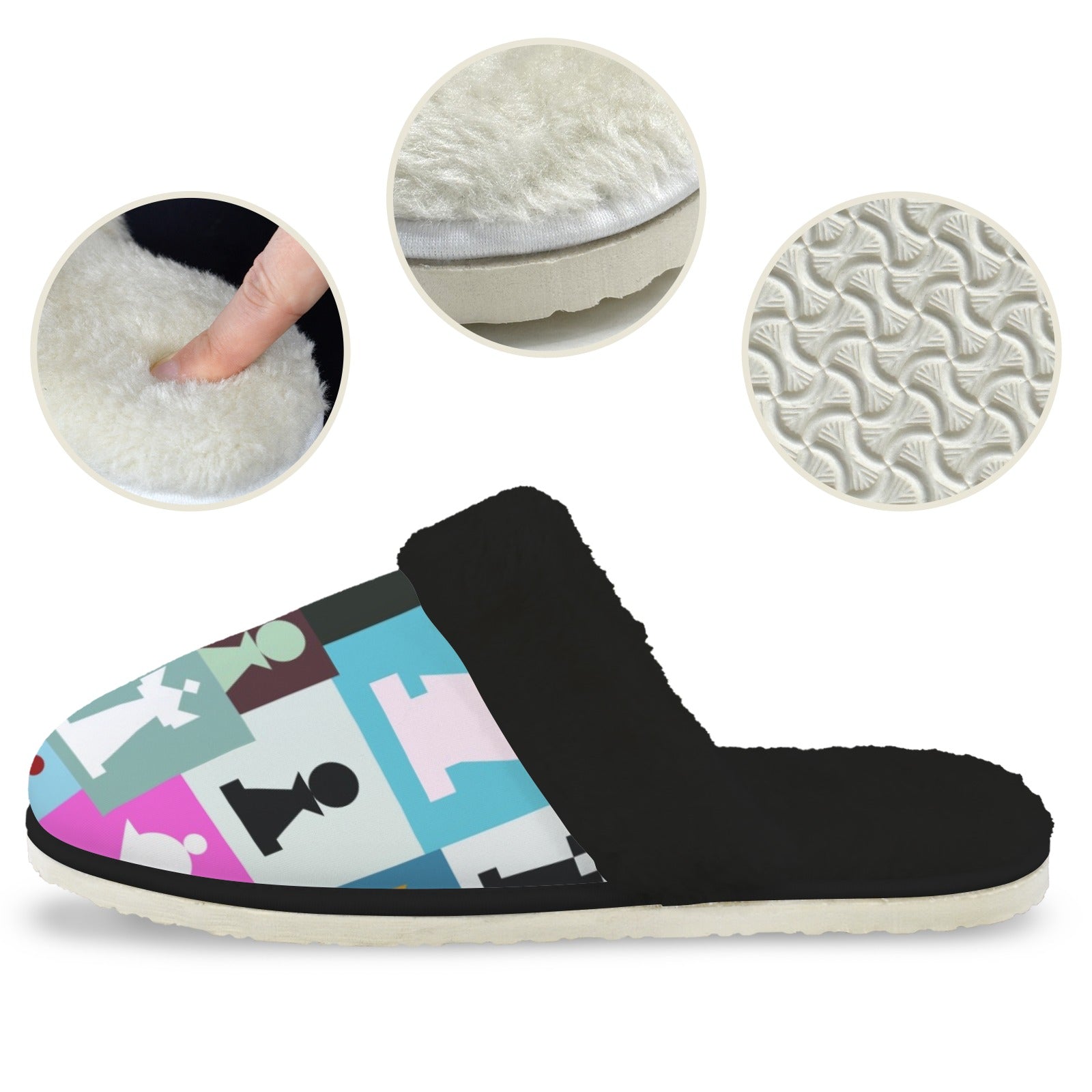 Colourful Chess Women's Fur Trim Thick-Sole Indoor Slippers Women's Fur Trimmed Slippers Chess Games Printed Offshore