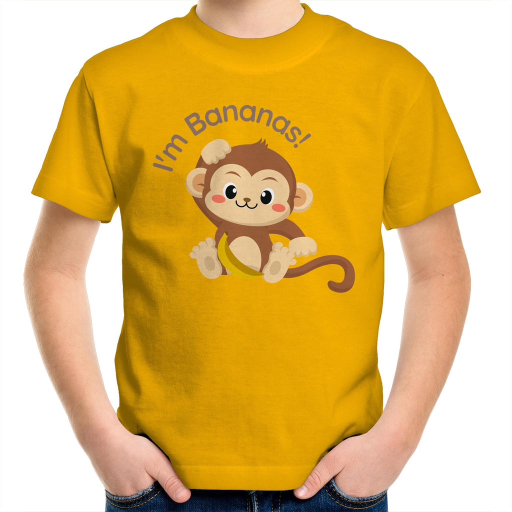 I'm Bananas, Monkey - Kids Youth T-Shirt Gold Kids Youth T-shirt animal Printed In Australia