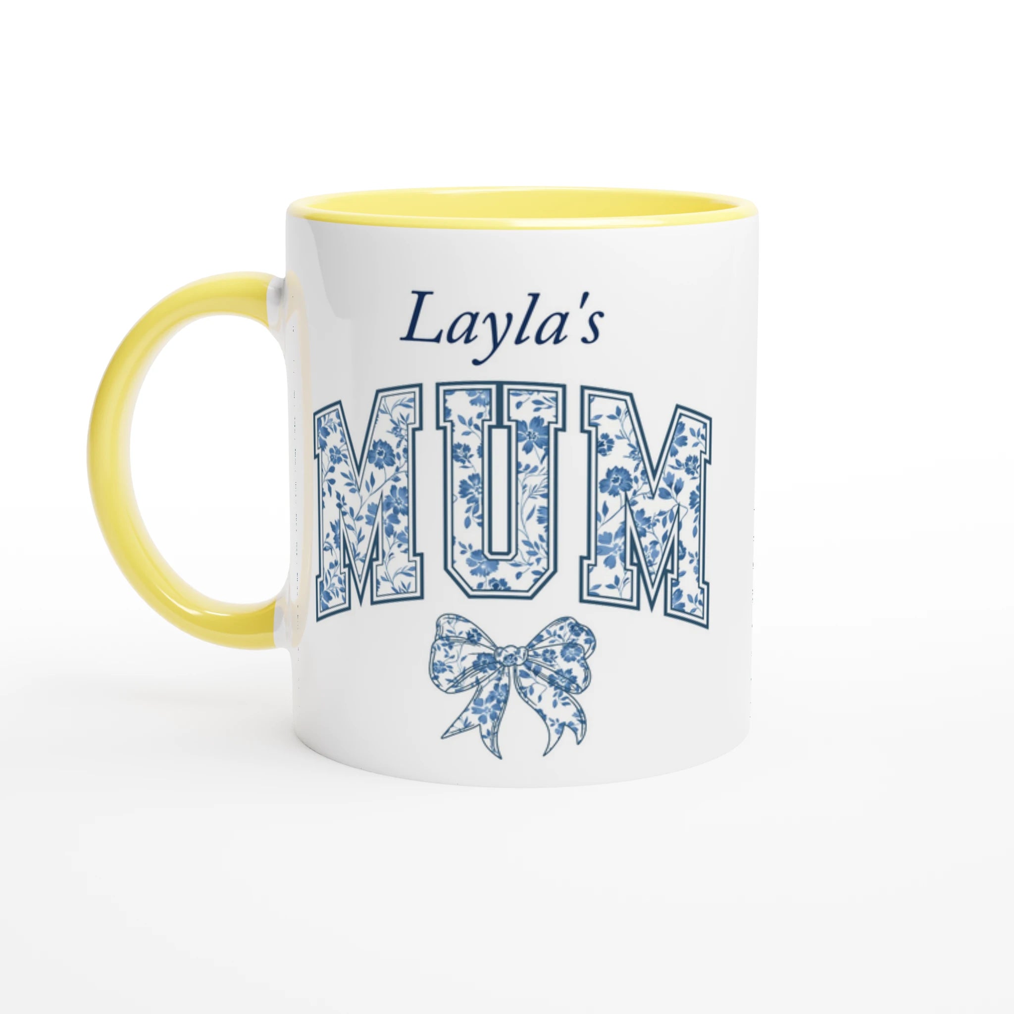 Personalise - Mum, Blue Floral - 11oz Ceramic Mug Ceramic Yellow Personalised 11oz Mug customise Globally Fulfilled Mum Name personalise