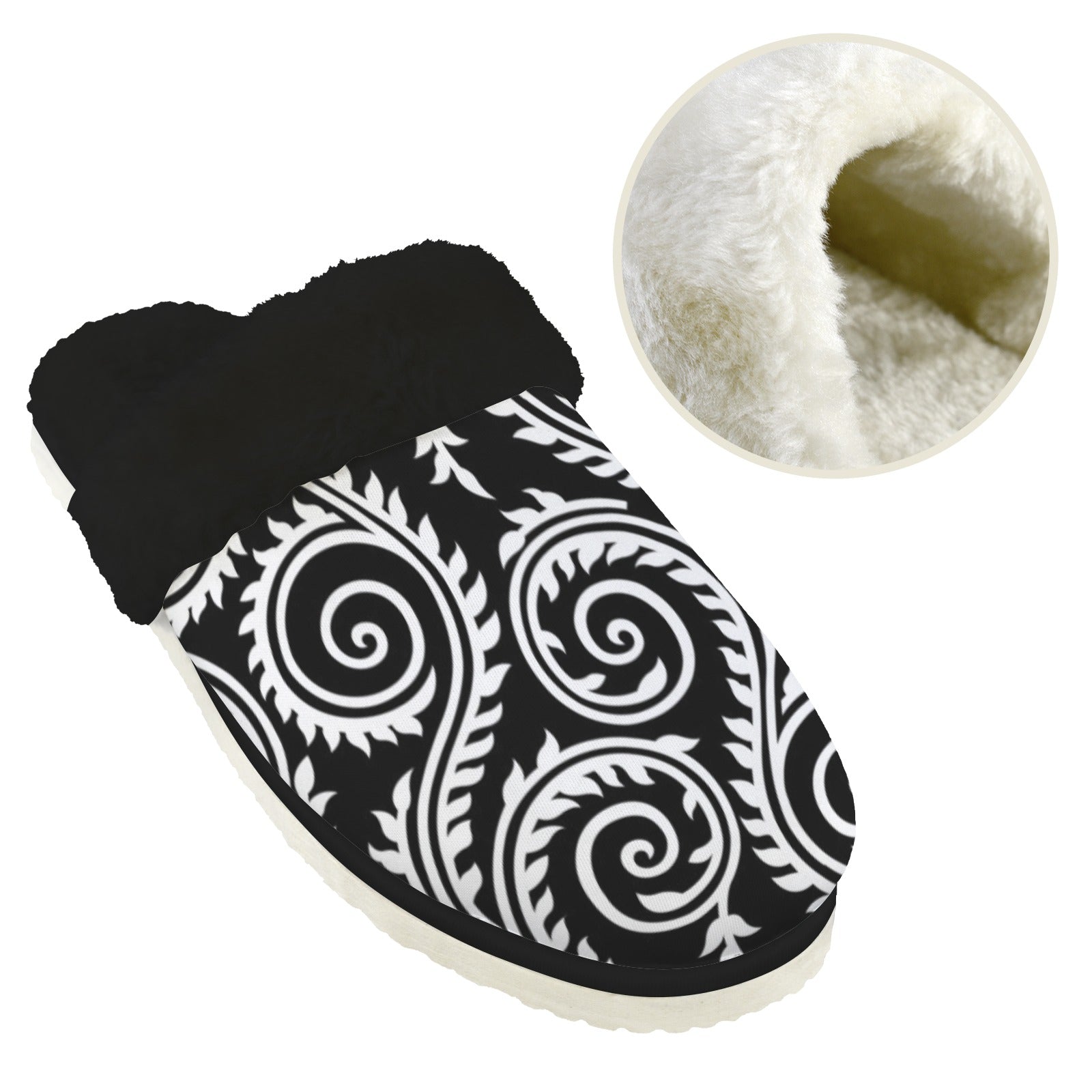 Black And White Swirl Men's Fur Trim Thick-Sole Indoor Slippers Men's Fur Trimmed Slippers Printed Offshore