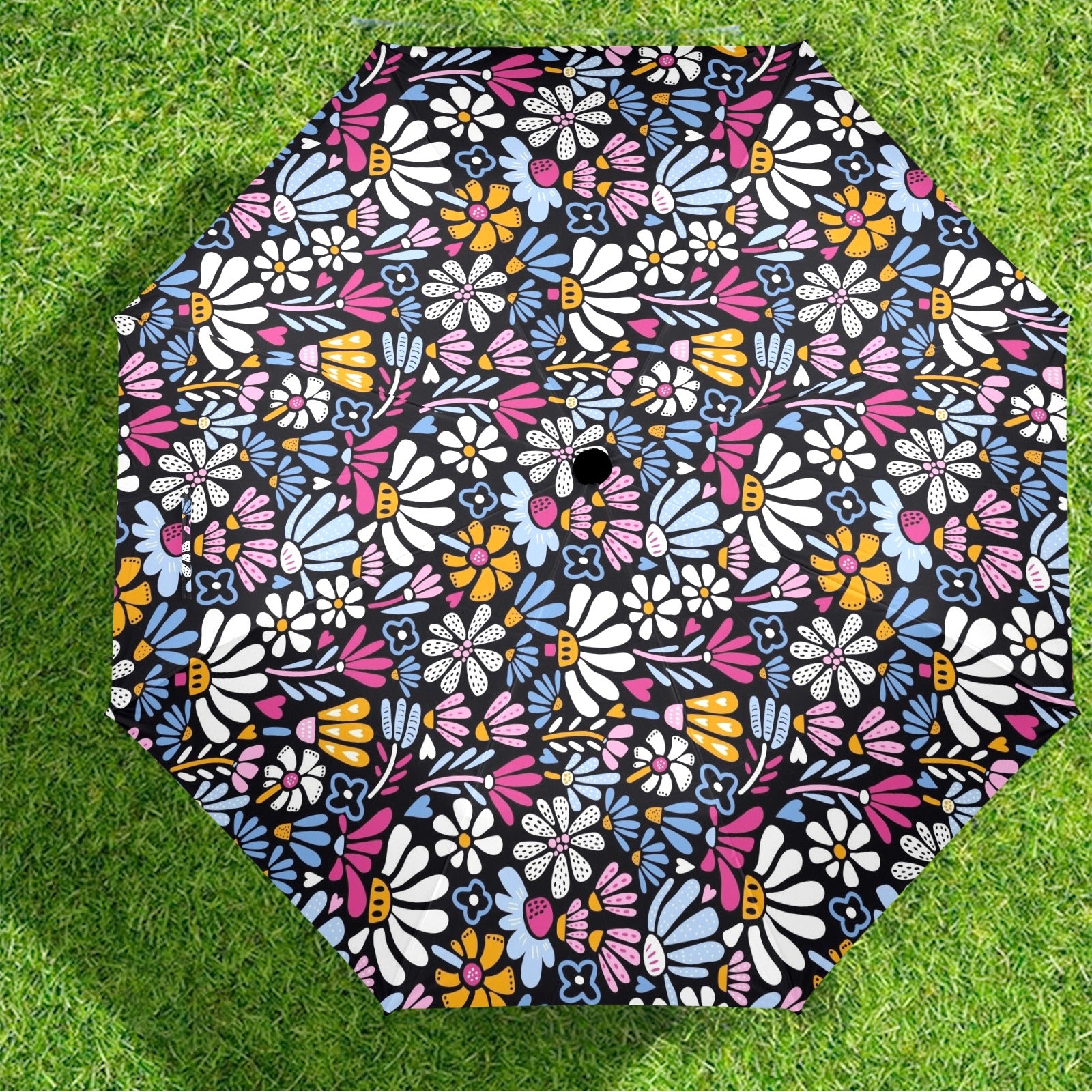 Graphic Flowers On Black Umbrella Umbrella Plants Printed Offshore