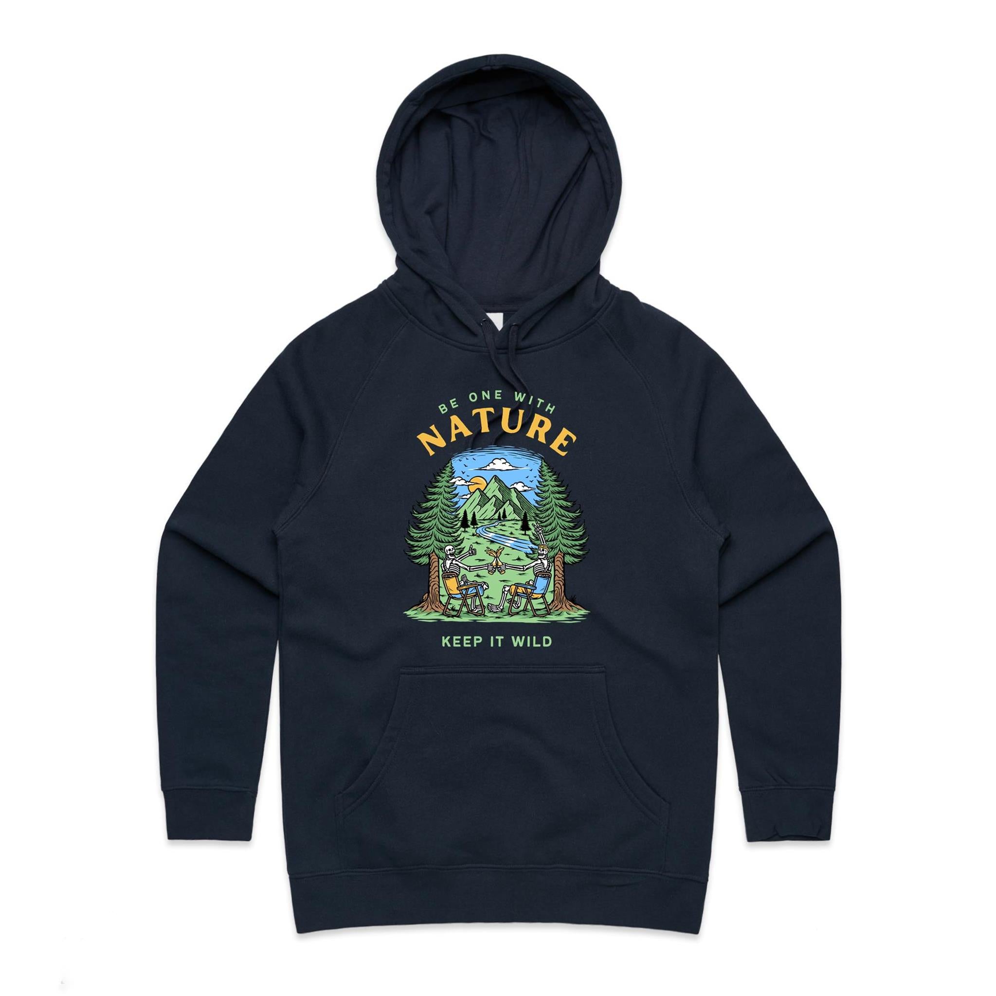 Be One With Nature, Skeletons - Womens Hoodie Navy Womens Hoodie Printed In Australia