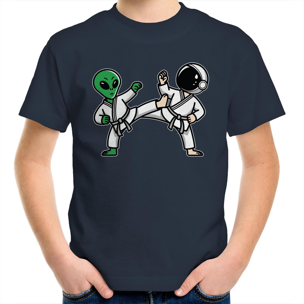 Alien And Astronaut Karate - Kids Youth T-Shirt Navy Kids Youth T-shirt Printed In Australia Sci Fi Space