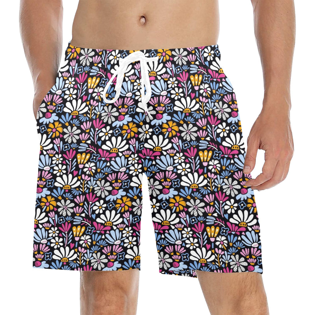 Graphic Flowers On Black Men's Mid-Length Beach Shorts 5XL Men's Mid-Length Beach Shorts Plants Printed Offshore