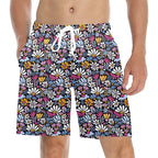 Graphic Flowers On Black Men's Mid-Length Beach Shorts 5XL Men's Mid-Length Beach Shorts Plants Printed Offshore