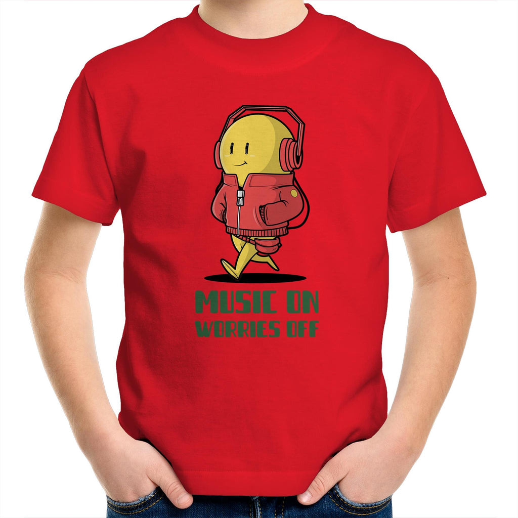 Music On, Worries Off, Headphones - Kids Youth T-Shirt Red Kids Youth T-shirt Music Printed In Australia