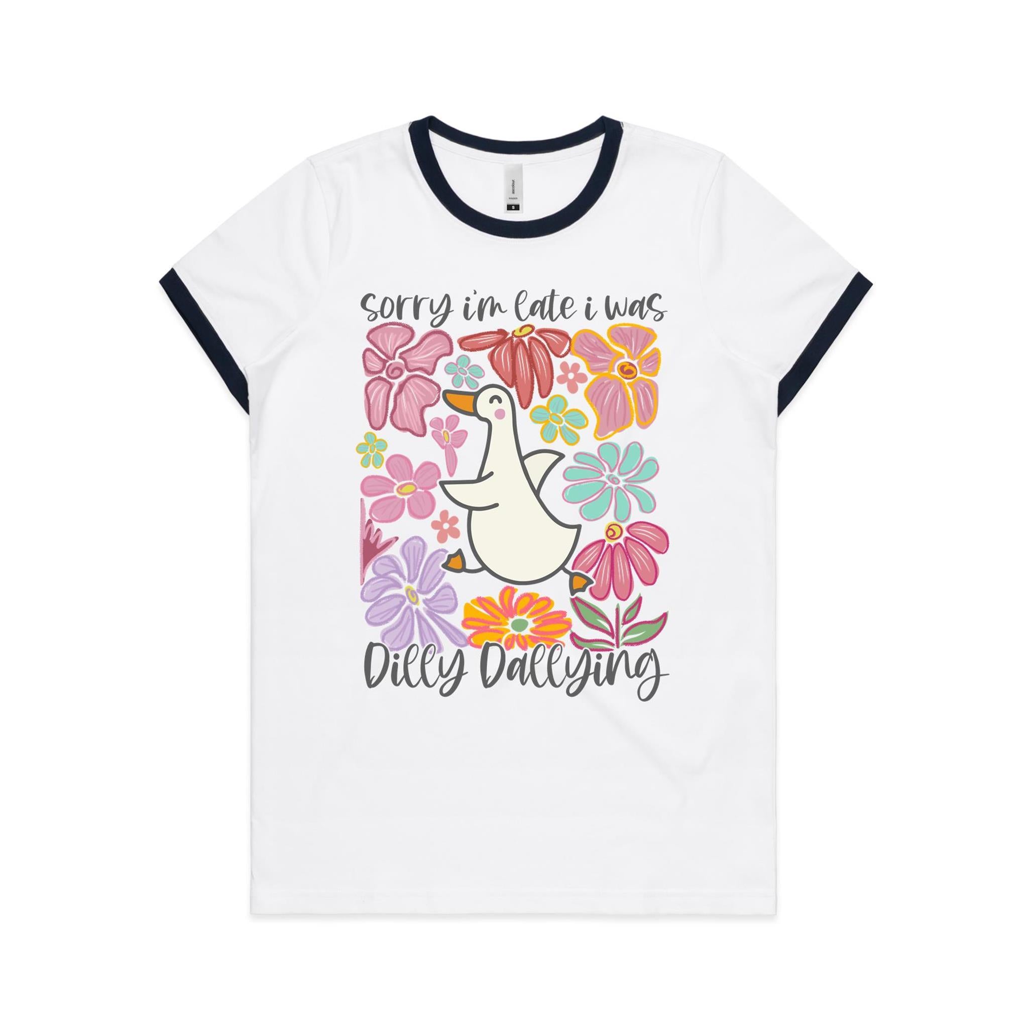 Sorry I'm Late, I Was Dilly Dallying - Women's Ringer Tee White Navy Womens Ringer T-shirt animal Printed In Australia