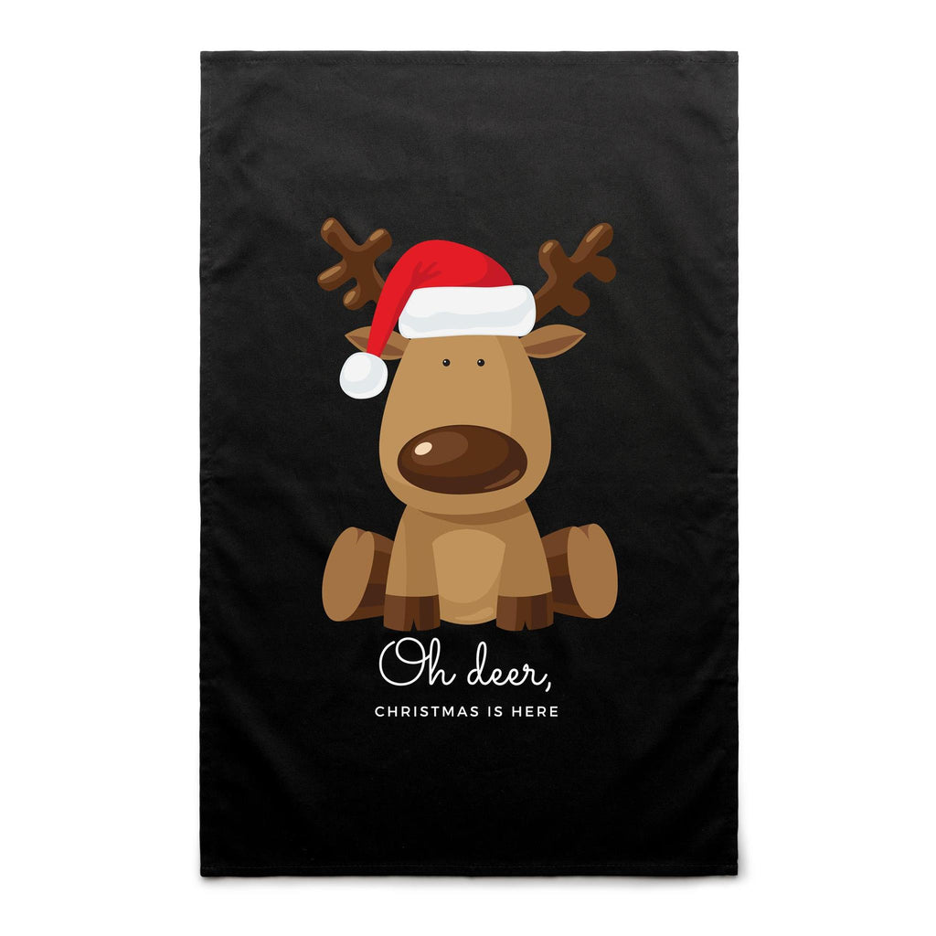 Oh Deer, Christmas Is Here, Reindeer - AS Colour Tea Towel Black One Size Christmas Tea Towel Christmas Printed In Australia