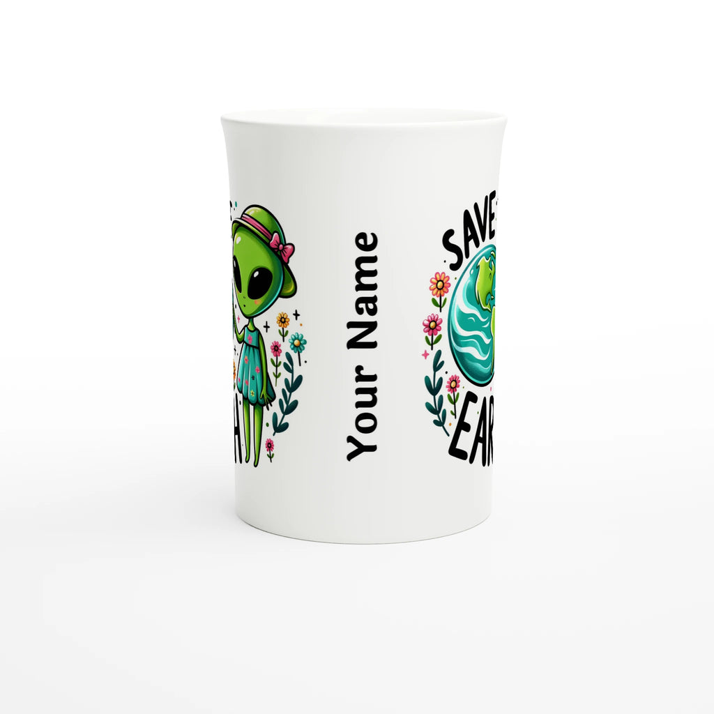Personalised - Save The Earth, Alien - White 10oz Porcelain Slim Mug Personalised Porcelain Mug customise Environment Globally Fulfilled personalise Sci Fi