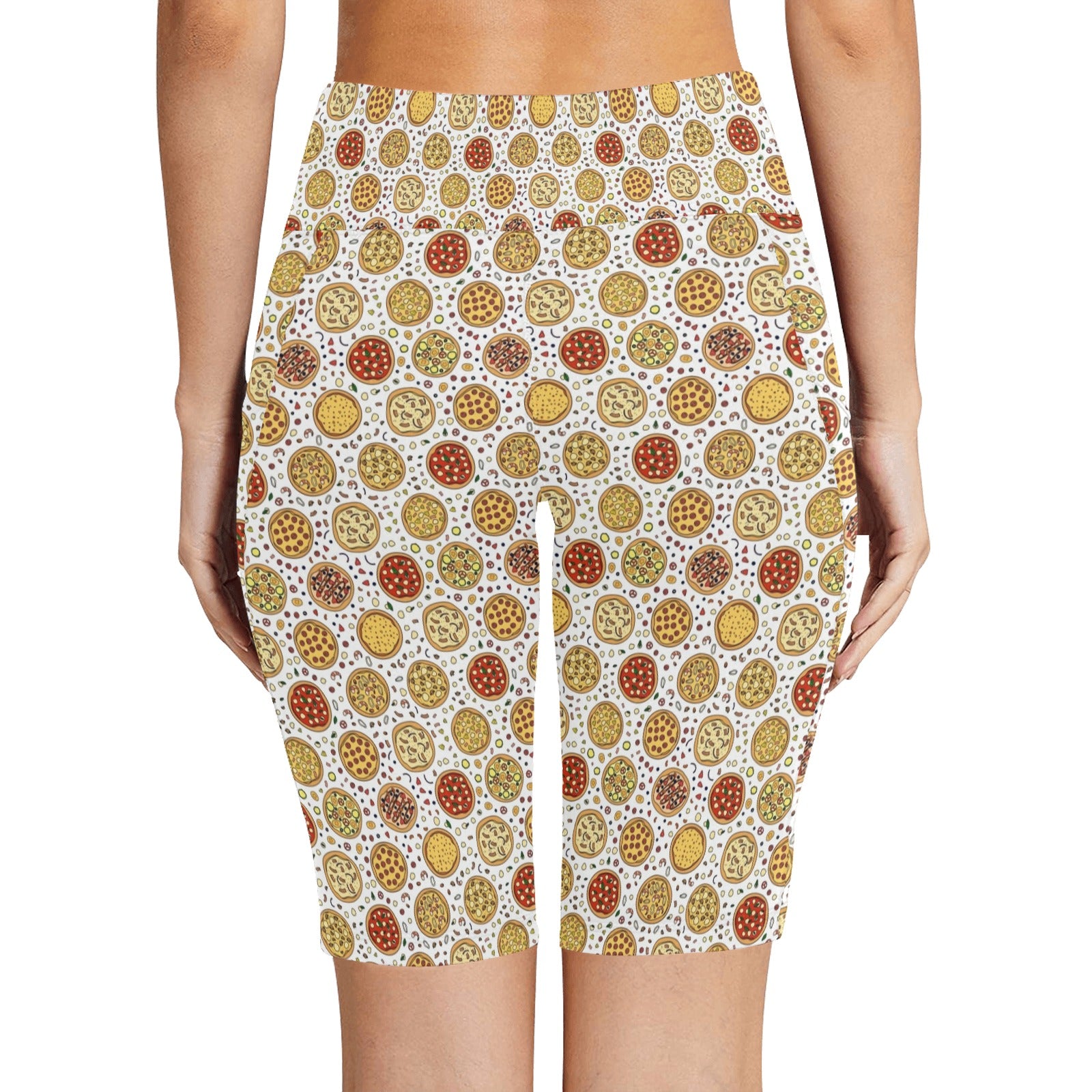 Round Pizzas On White Women's Bike Shorts With Side Pockets