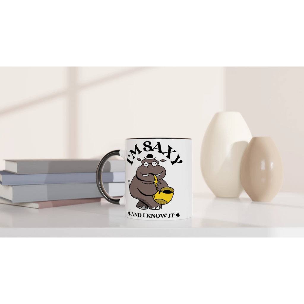 I'm Saxy And I Know It, Saxophone Hippo - White 11oz Ceramic Mug with Colour Inside Colour 11oz Mug animal Globally Fulfilled Music