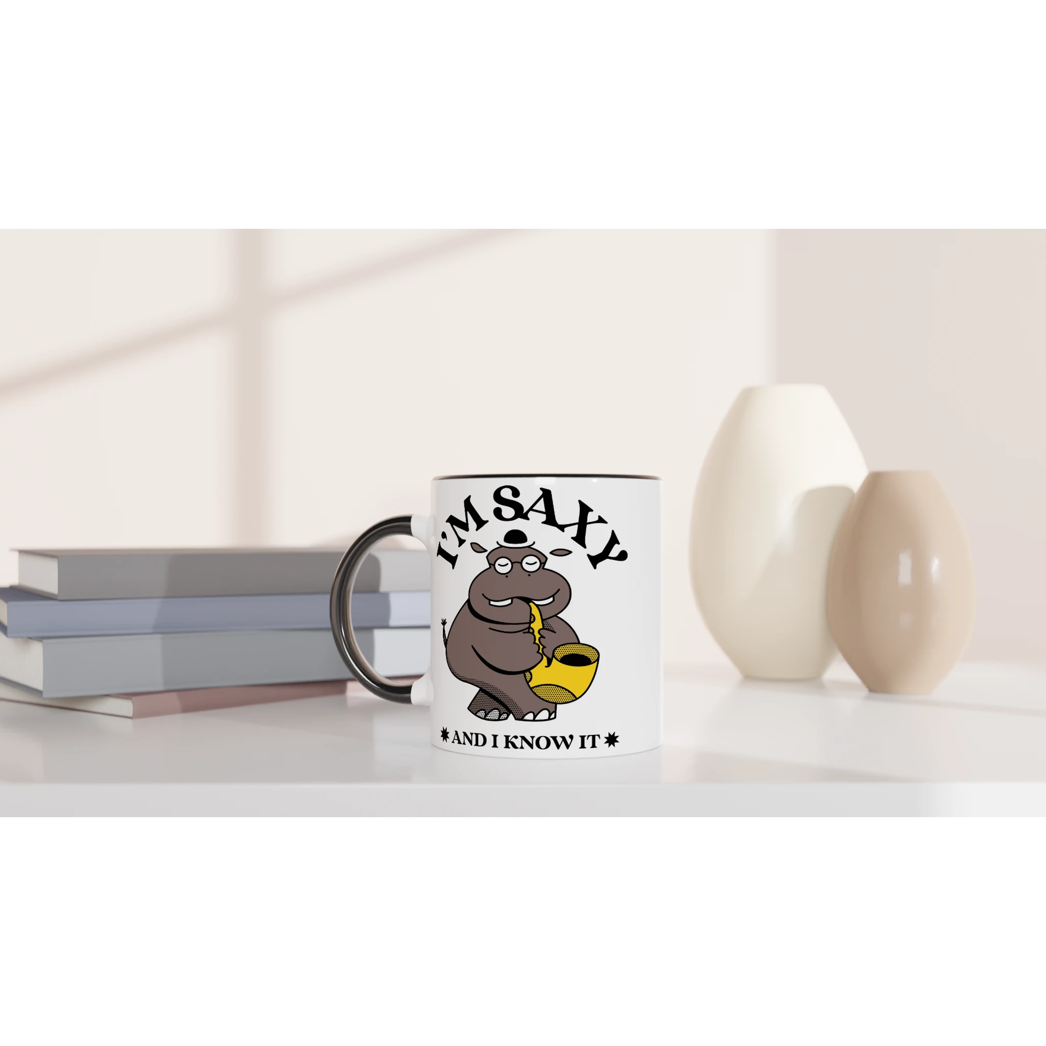 I'm Saxy And I Know It, Saxophone Hippo - White 11oz Ceramic Mug with Colour Inside Colour 11oz Mug animal Globally Fulfilled Music