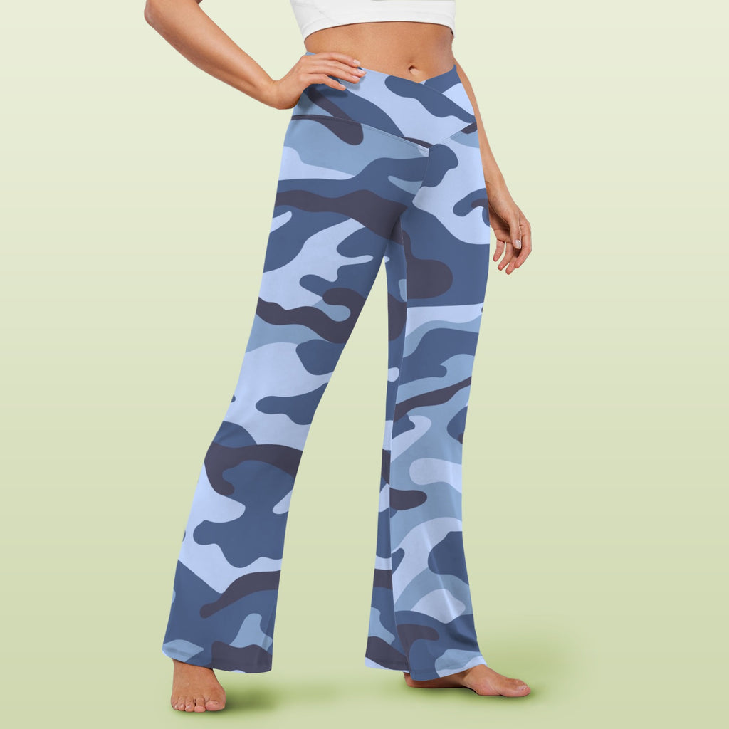 Blue Camouflage High Waist Crossover Tummy Control Flare Leggings High Waist Flare Leggings Printed Offshore