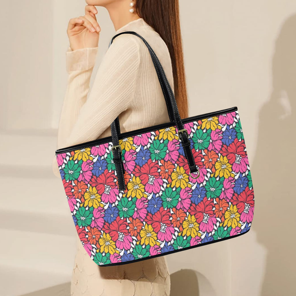 Bright And Bold Flowers PU Leather Tote Bag Large Leather Tote Bag-Large Plants Printed Offshore