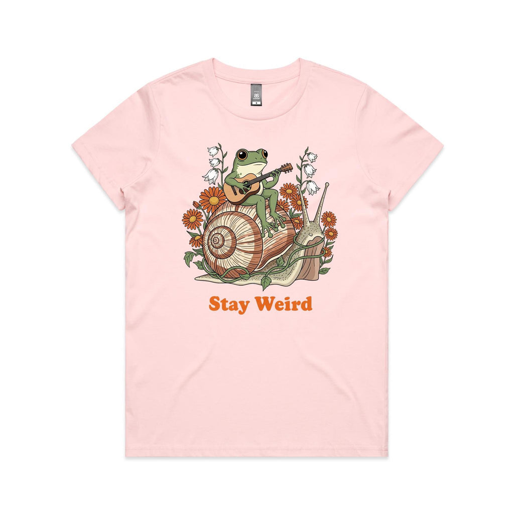 Stay Weird, Guitar Playing Frog On A Snail Women's AS Colour T-shirt Pink Womens T-shirt animal Music Printed In Australia