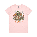 Stay Weird, Guitar Playing Frog On A Snail Women's AS Colour T-shirt Pink Womens T-shirt animal Music Printed In Australia
