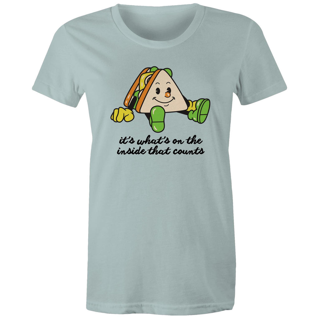Sandwich, It's What's On The Inside That Counts - Womens T-shirt Pale Blue Womens T-shirt Food Positivity Printed In Australia