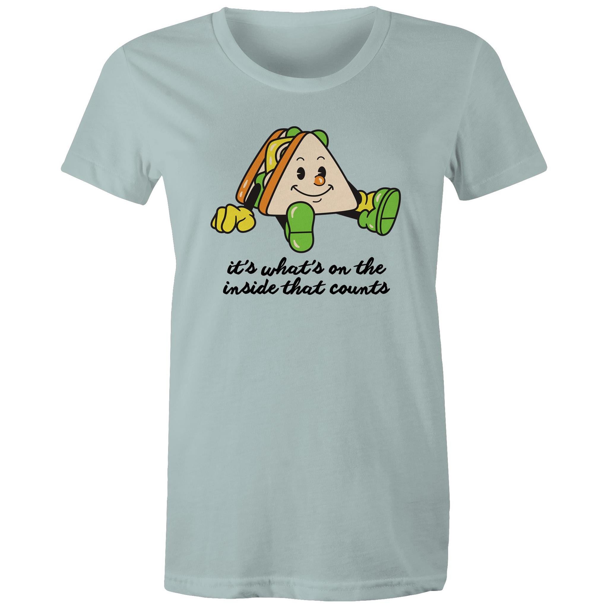 Sandwich, It's What's On The Inside That Counts - Womens T-shirt Pale Blue Womens T-shirt Food Positivity Printed In Australia