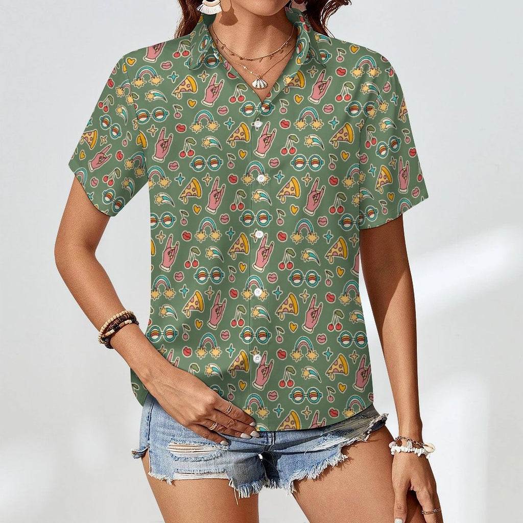 Groovy Retro Women's Collared Pocketless Short Sleeve Shirt