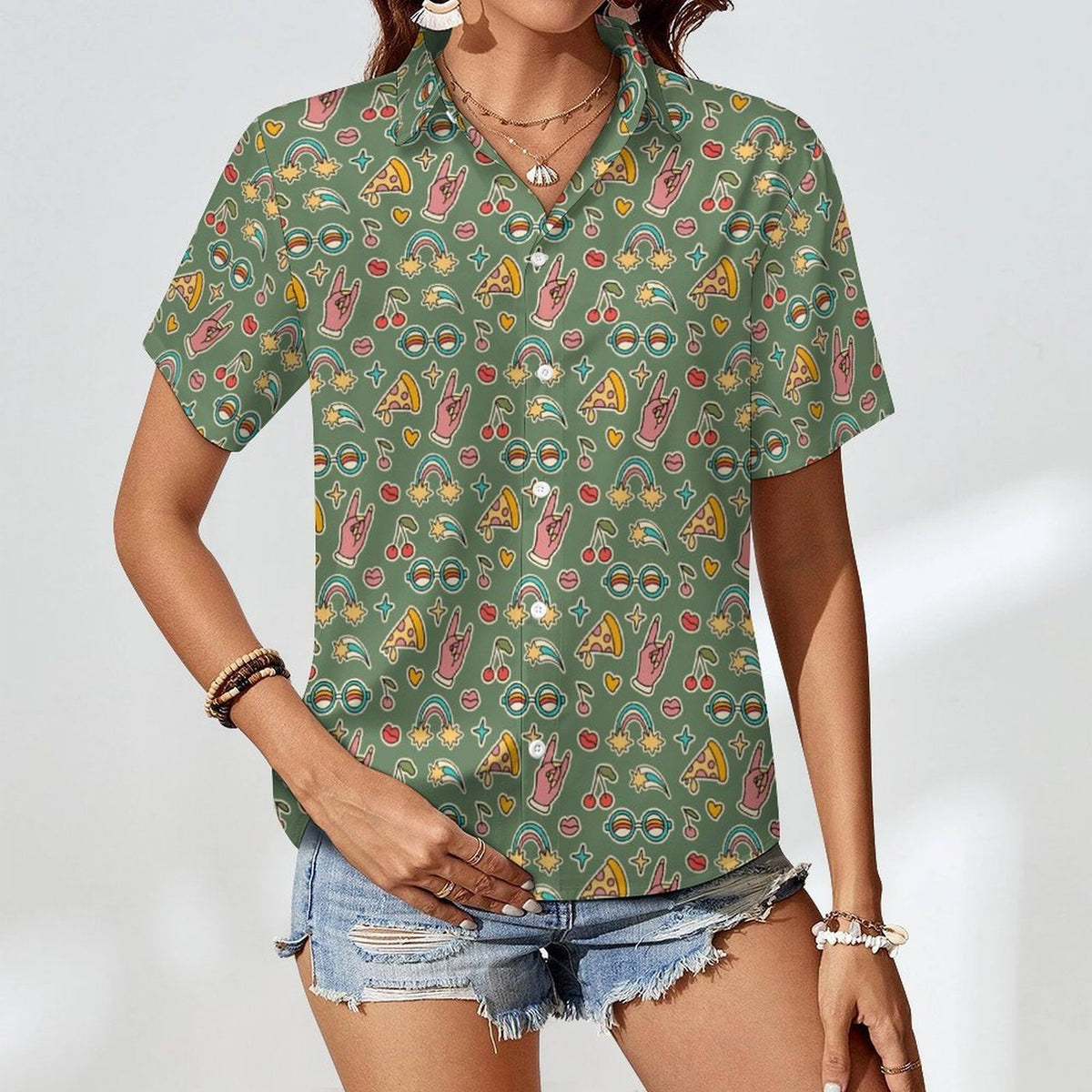 Groovy Retro Women's Collared Pocketless Short Sleeve Shirt