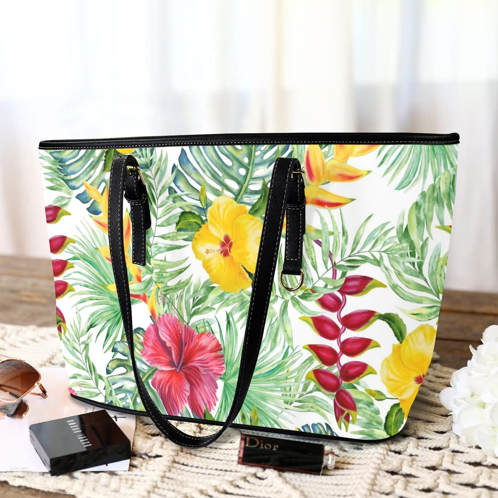 Tropical Flowers On White PU Leather Tote Bag Large Leather Tote Bag-Large Plants Printed Offshore