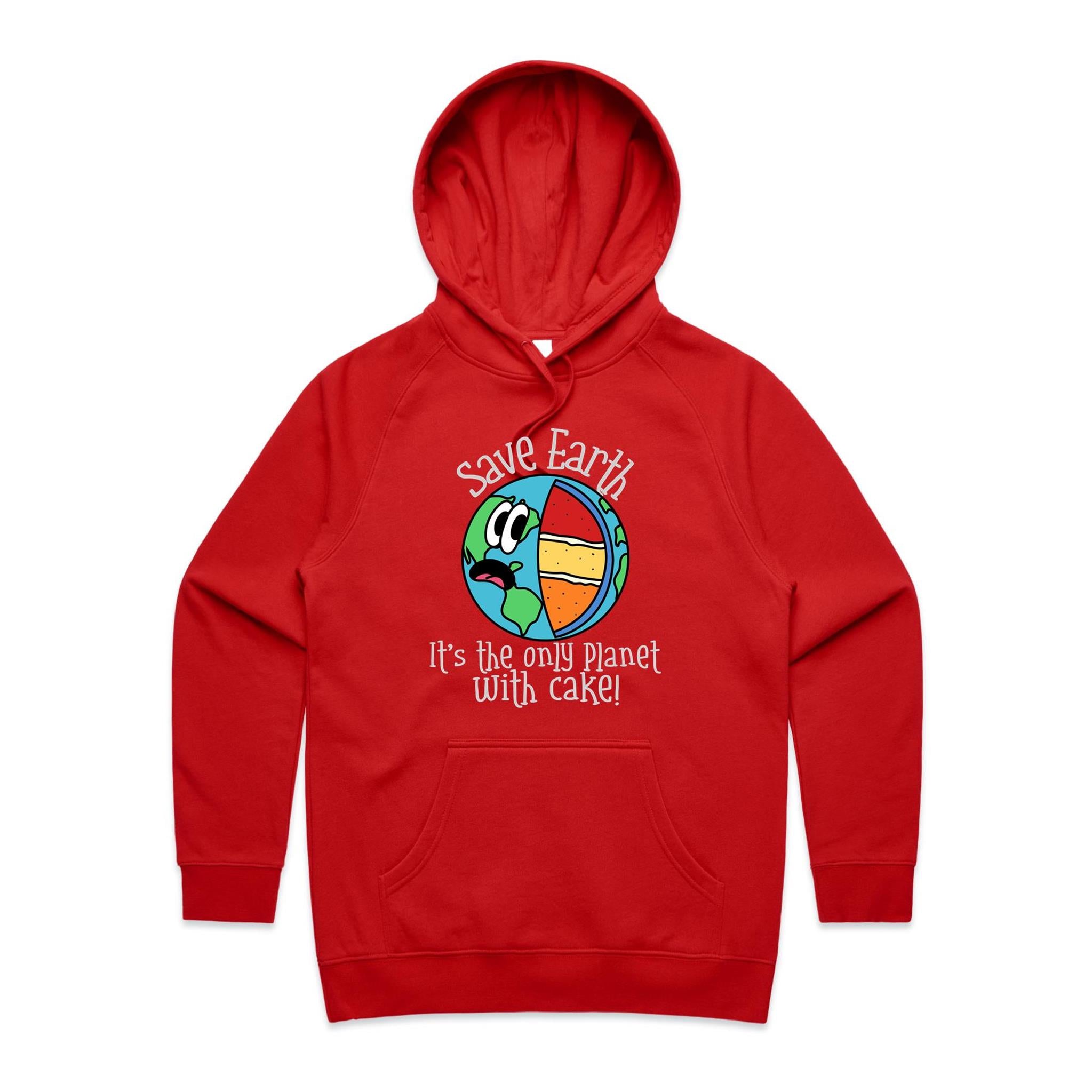 Save Earth, It's The Only Planet With Cake - Womens Hoodie Red Womens 2XL Womens Hoodie Environment Food Printed In Australia