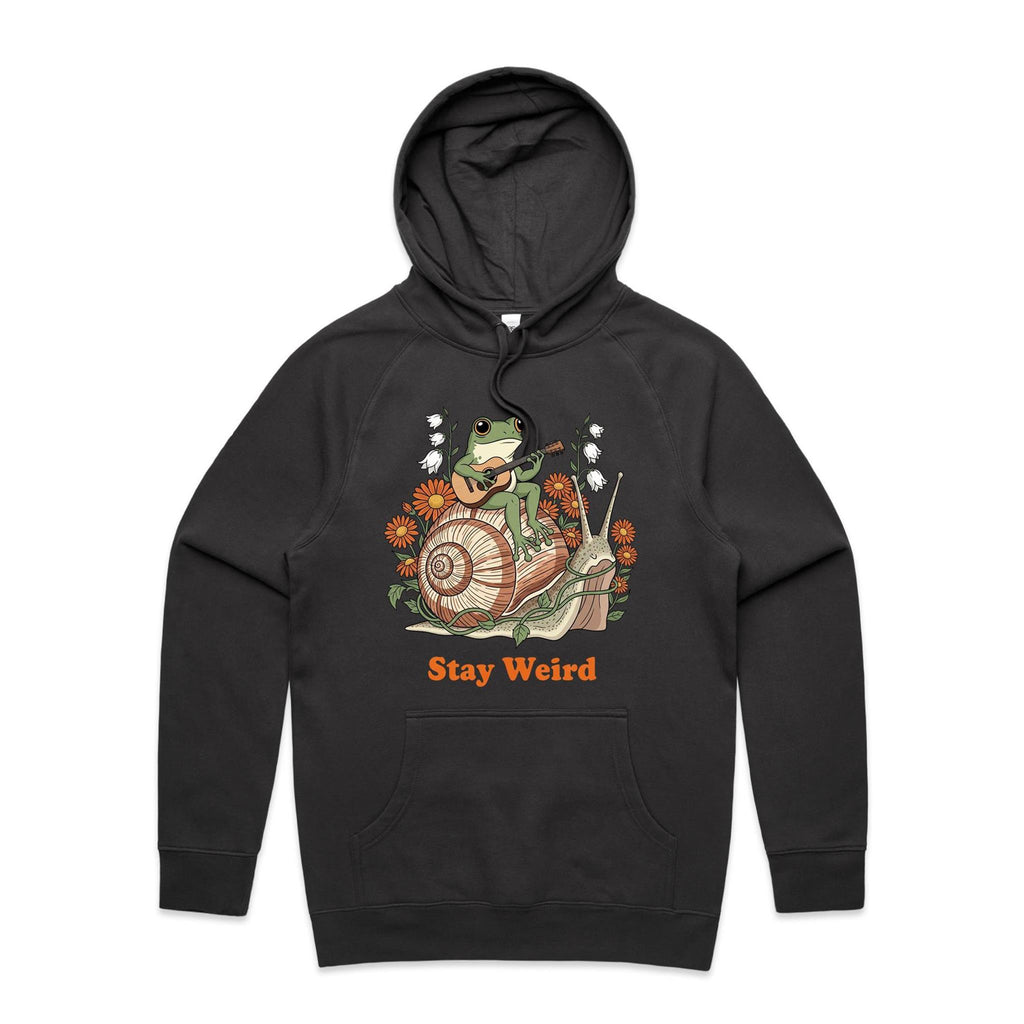 Stay Weird, Guitar Playing Frog On A Snail Men's AS Colour Hoodie Coal Mens Hoodie animal Music Printed In Australia