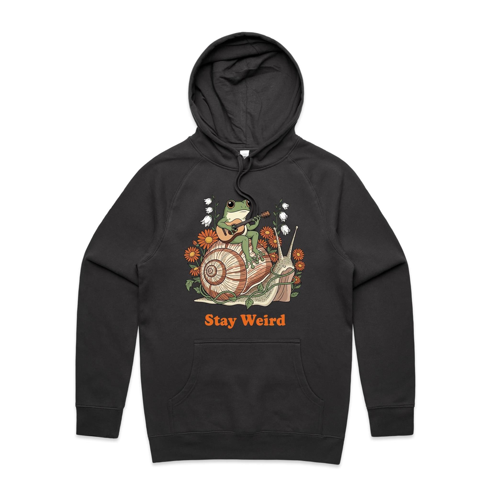 Stay Weird, Guitar Playing Frog On A Snail Men's AS Colour Hoodie Coal Mens Hoodie animal Music Printed In Australia