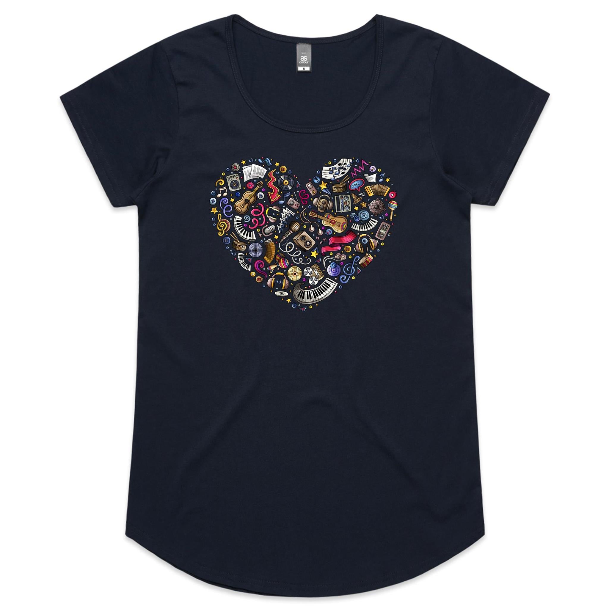Heart Music - Womens Scoop Neck T-Shirt Navy Womens Scoop Neck T-shirt Love Music Printed In Australia