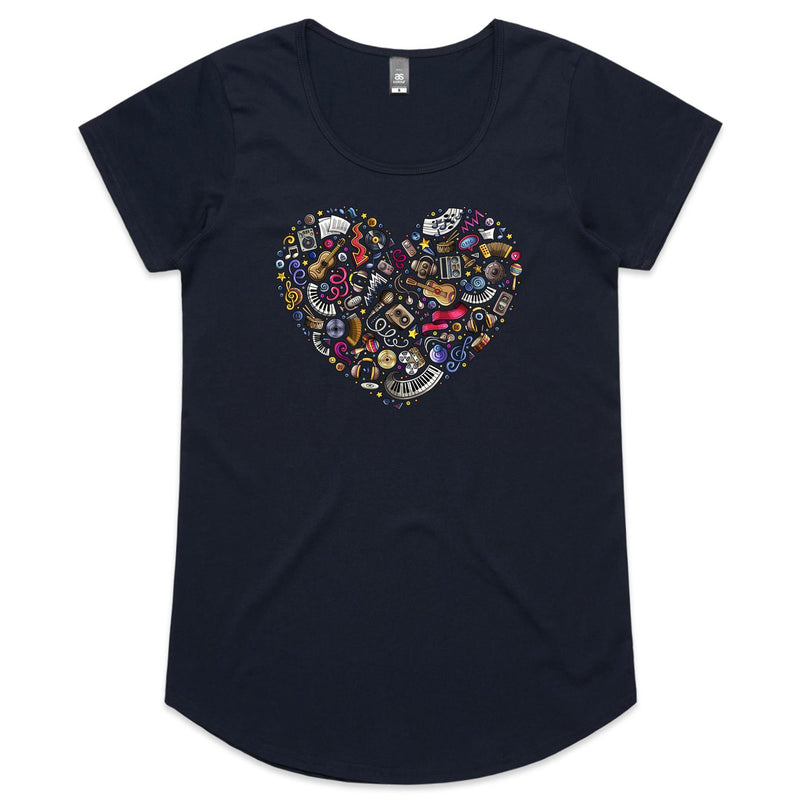 Heart Music Women's AS Colour Scoop Neck T-Shirt Navy Womens Scoop Neck T-shirt Love Music Printed In Australia