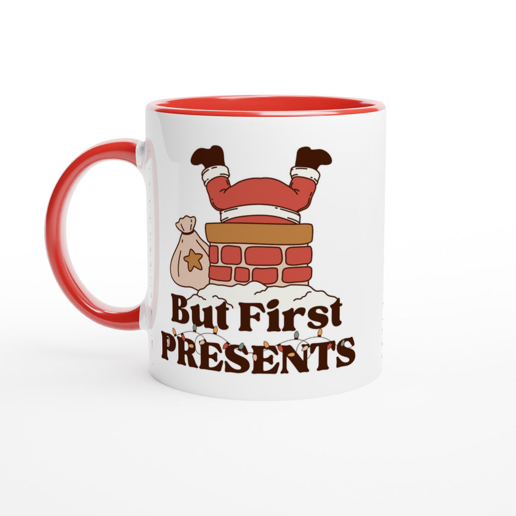 But First Presents, Santa In Chimney - 11oz Ceramic Mug Ceramic Red Christmas Colour Mug Christmas Globally Fulfilled