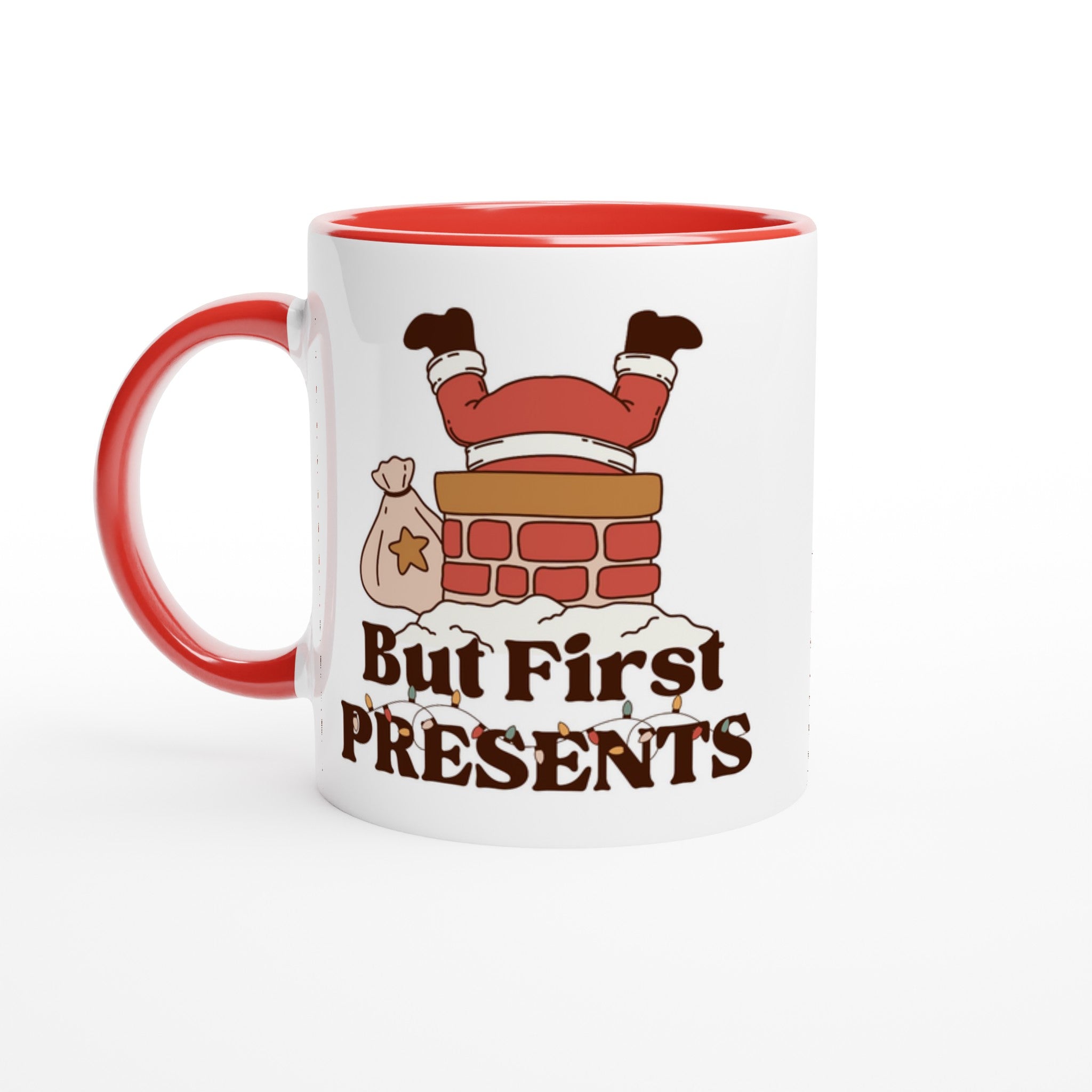 But First Presents, Santa In Chimney - 11oz Ceramic Mug Ceramic Red Christmas Colour Mug Christmas Globally Fulfilled