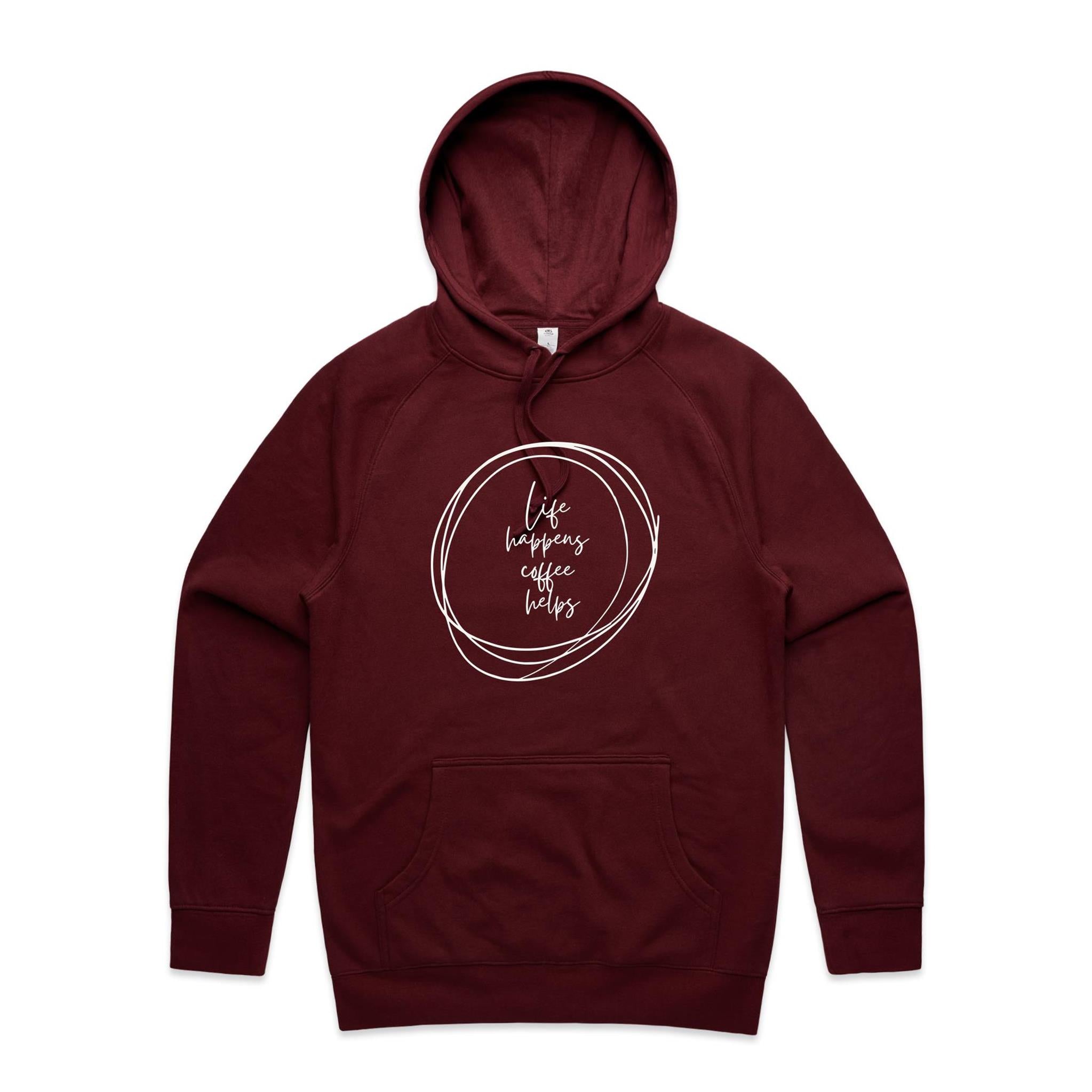 Life Happens, Coffee Helps - Mens Hoodie Burgundy Mens Hoodie Coffee Printed In Australia