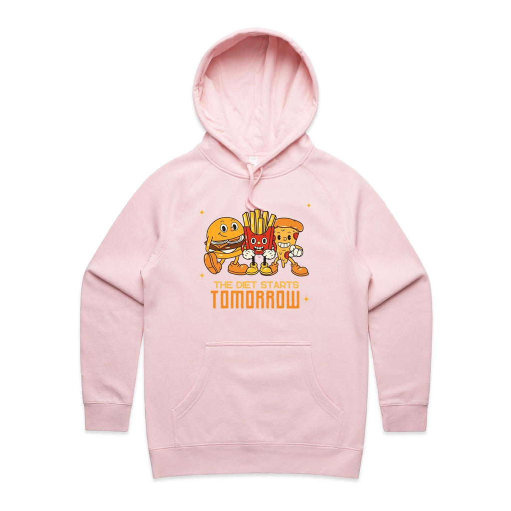 The Diet Starts Tomorrow, Hamburger, Fries, Pizza - Womens Hoodie Pink Womens Hoodie Food Printed In Australia
