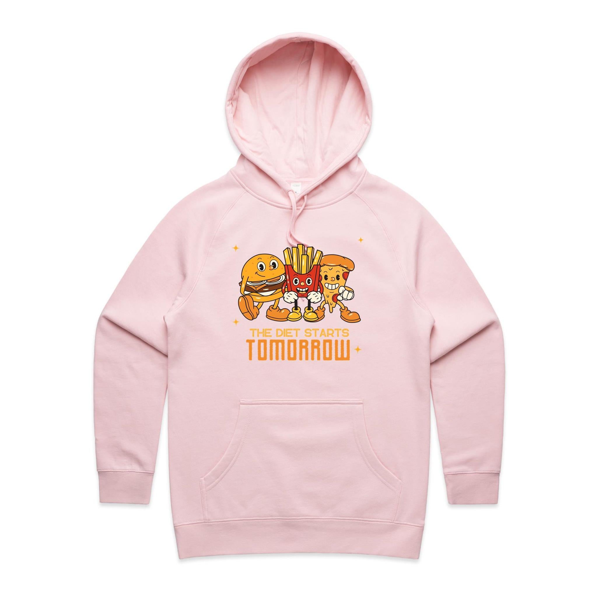 The Diet Starts Tomorrow, Hamburger, Fries, Pizza - Womens Hoodie Pink Womens Hoodie Food Printed In Australia