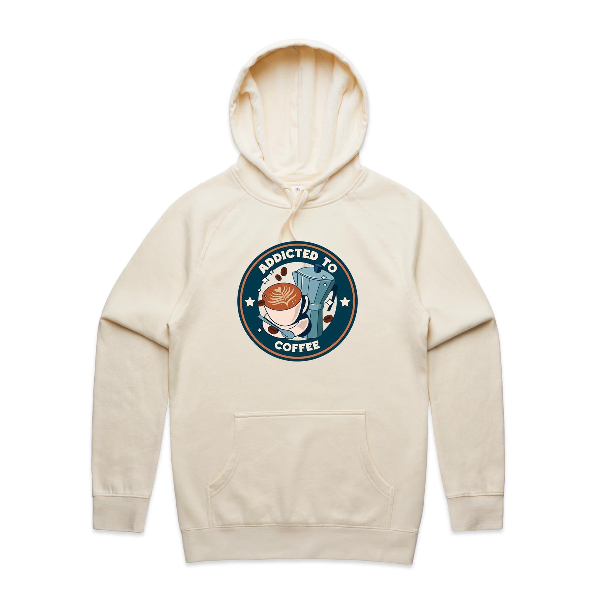 Addicted To Coffee - Mens Hoodie Ecru Mens Hoodie Coffee Printed In Australia