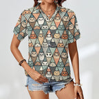 Diamond Cat Pattern Women's Short-Sleeve Button Up Shirt Women's Short-Sleeve Button Up Shirt animal Printed Offshore