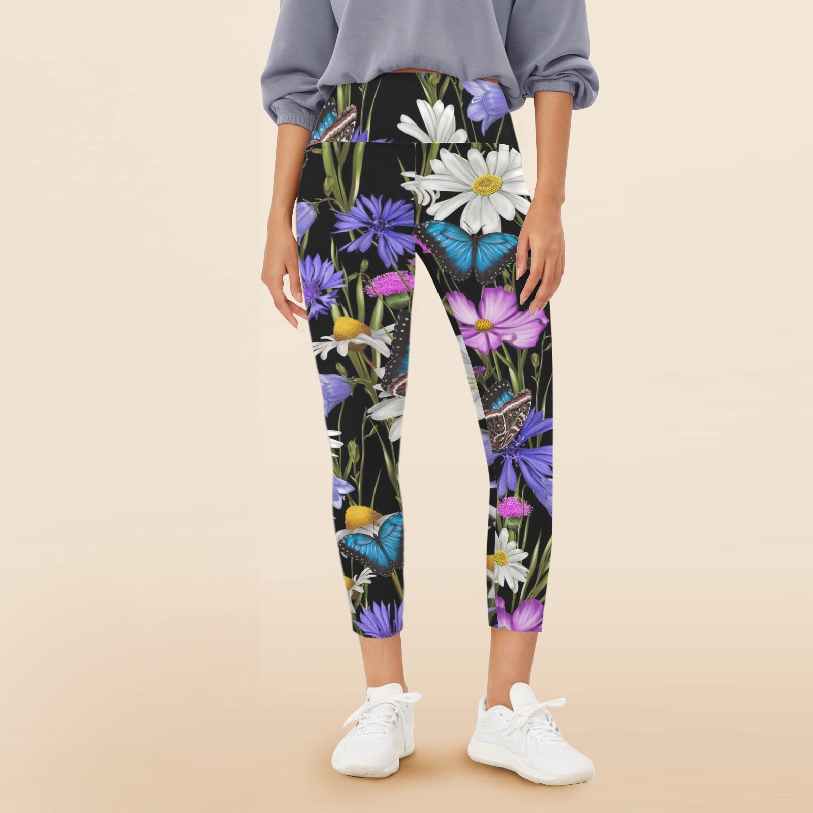 Butterfly Flowers - Women's High Waist Pockets Yoga Leggings