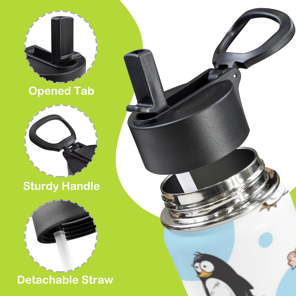 Cute Cartoon Penguins 12oz Kids Water Bottle with Straw Lid