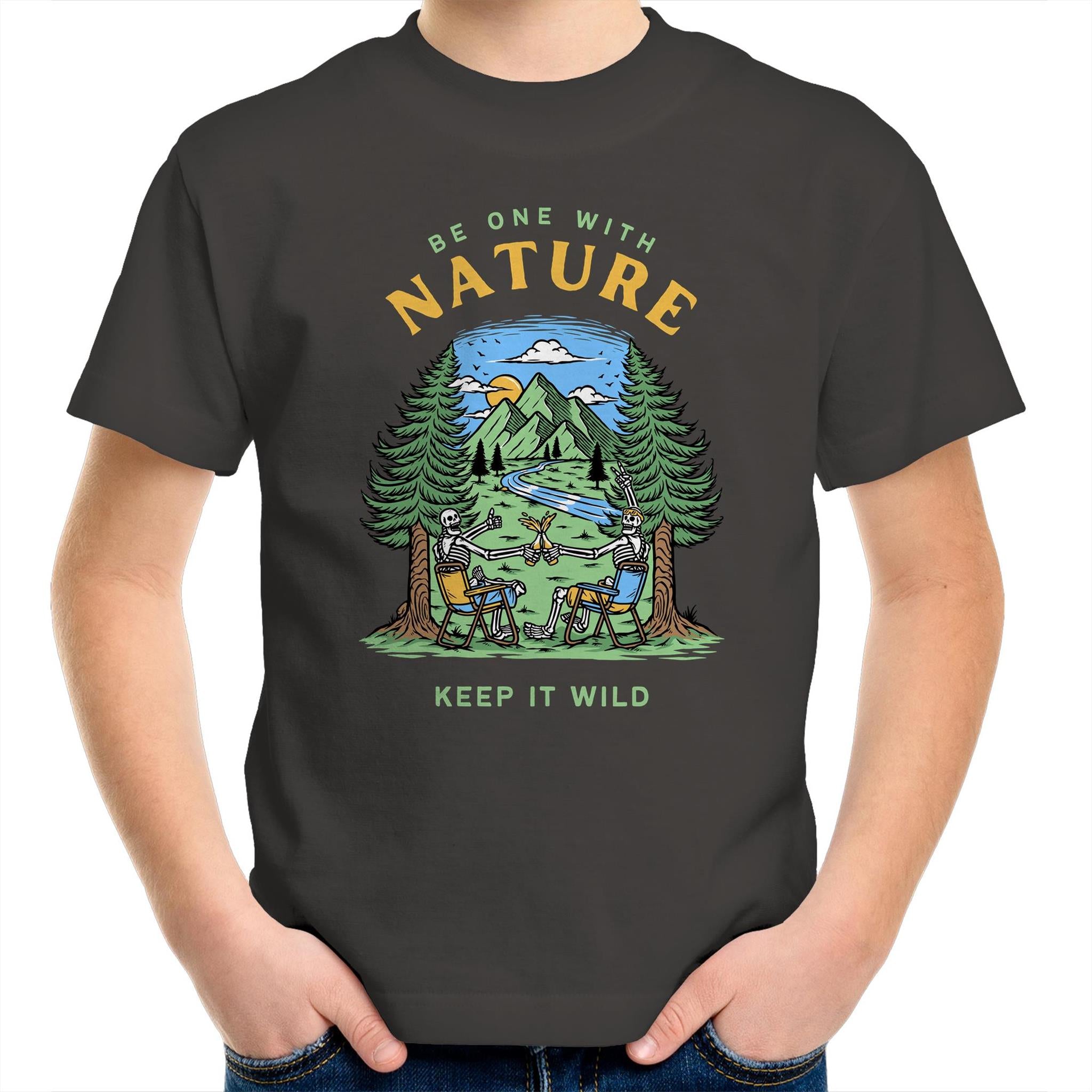 Be One With Nature - Kids Youth T-Shirt Charcoal Kids Youth T-shirt Environment Printed In Australia