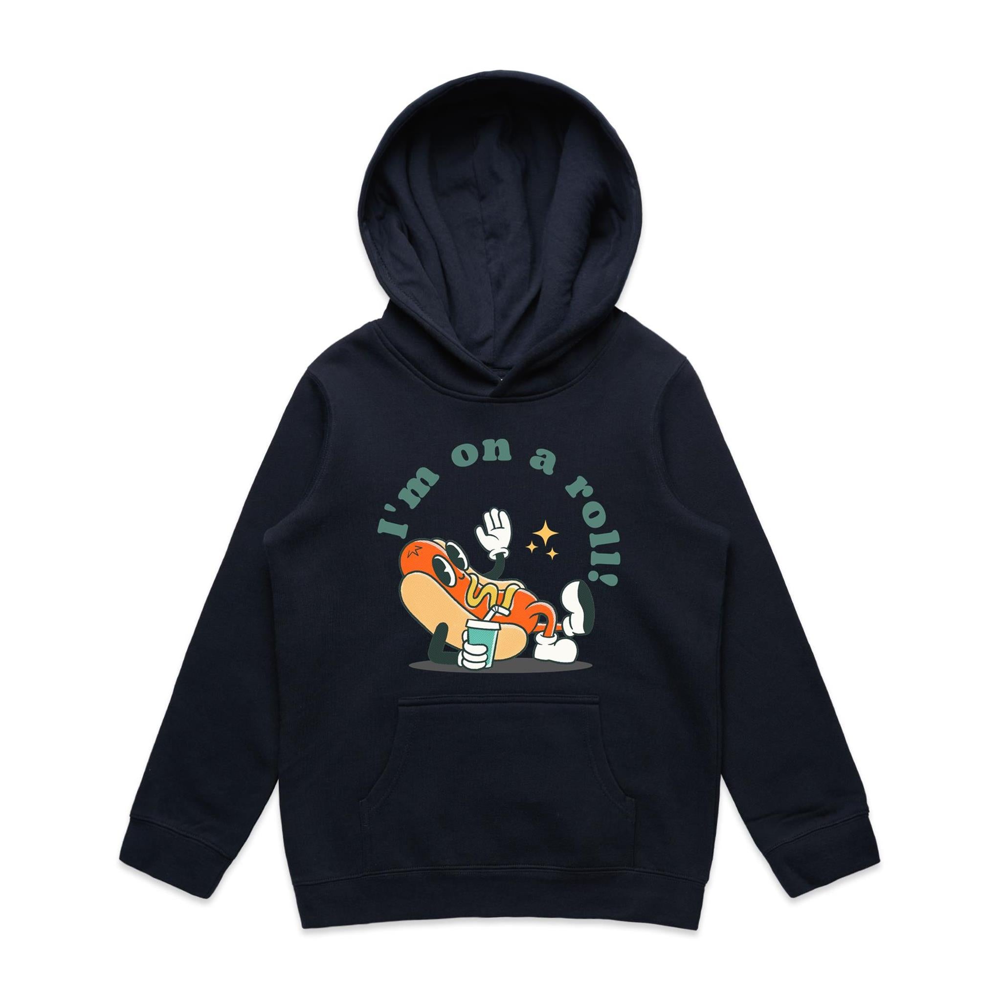 Hotdog, I'm On A Roll - Kids Hoodie Navy Kids Hoodie Printed In Australia