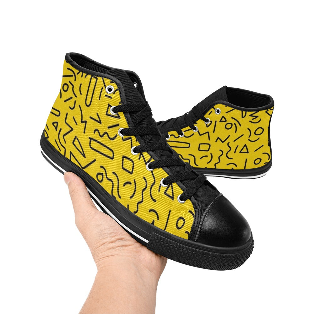 Black Squiggle On Yellow Women's High Top Canvas Shoes Womens Classic High Top Shoes Printed Offshore Retro