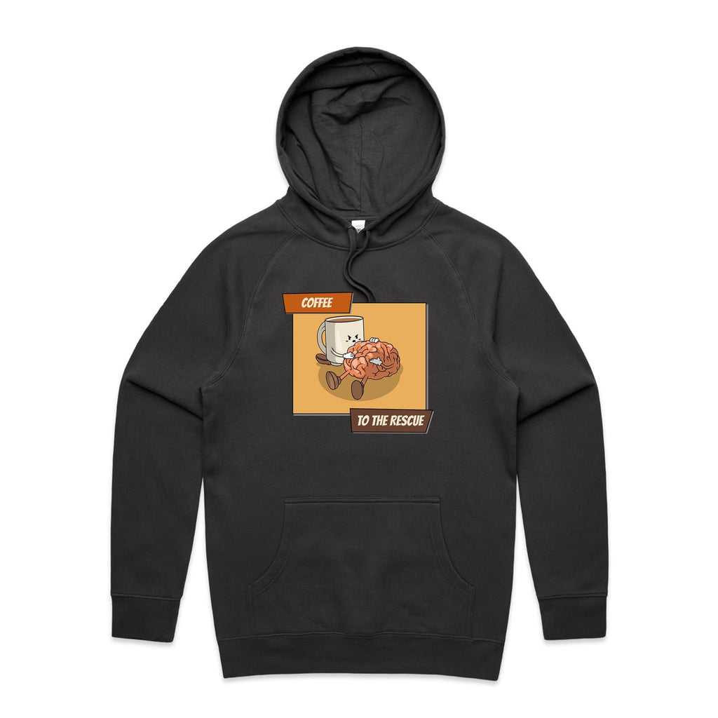 Coffee To The Rescue - Mens Hoodie Coal Mens Hoodie Coffee Printed In Australia