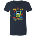 Fun Begins With The Press OF A Button, Game - Womens T-shirt Navy Womens T-shirt Games Printed In Australia