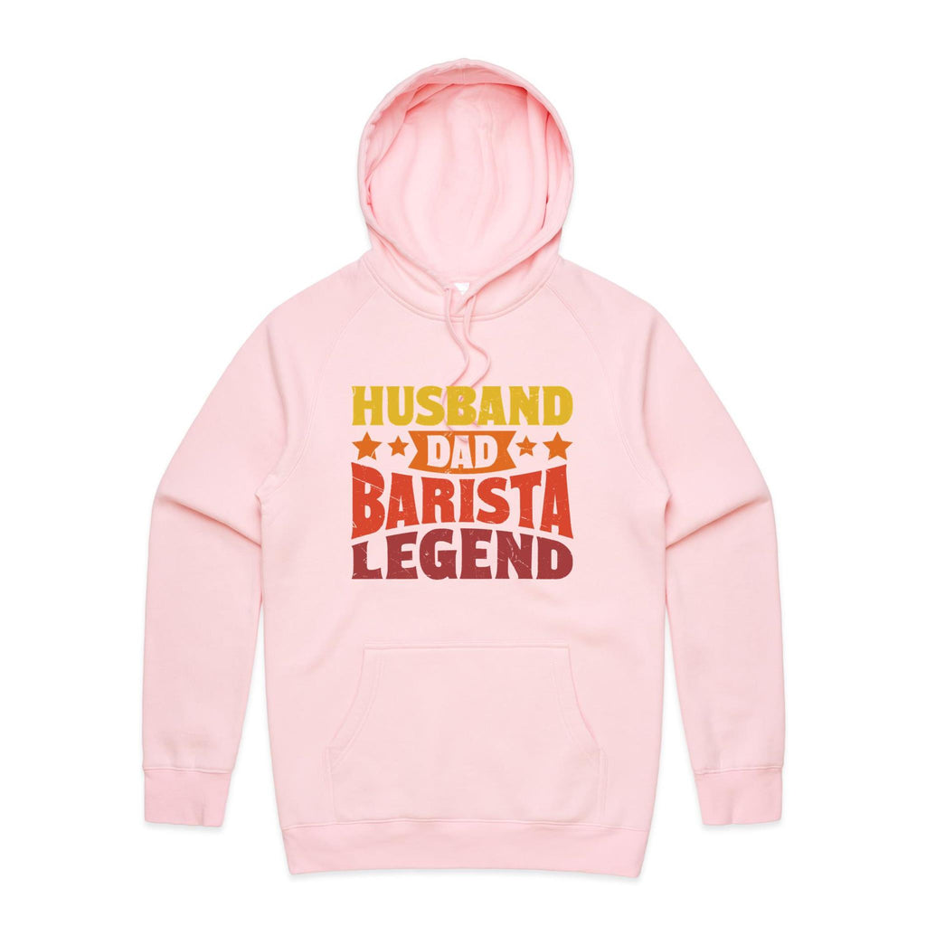 Husband, Dad Barista, Legend Men's AS Colour Hoodie Pink Mens Hoodie Coffee Dad Printed In Australia
