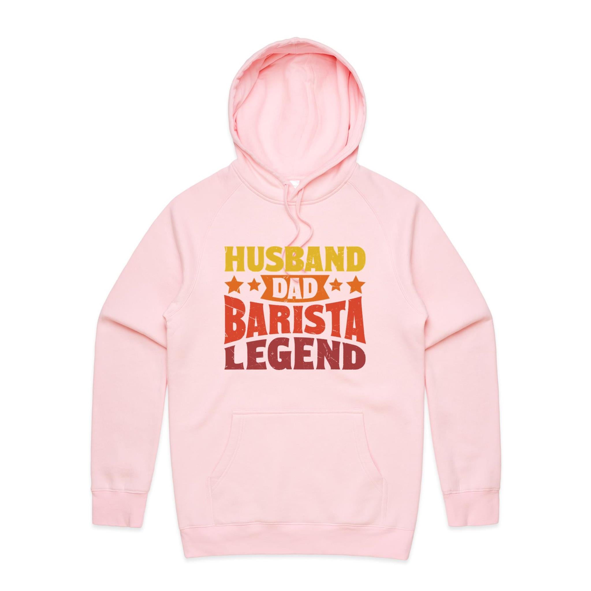 Husband, Dad Barista, Legend Men's AS Colour Hoodie Pink Mens Hoodie Coffee Dad Printed In Australia