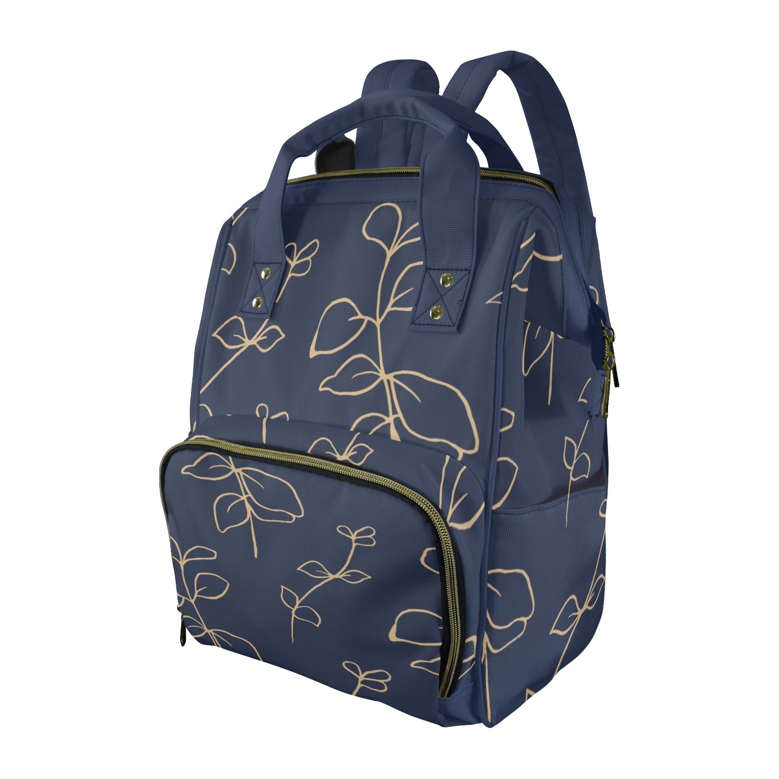Gold Flowers On Navy - Multi-Function Backpack, Nappy / Diaper Bag