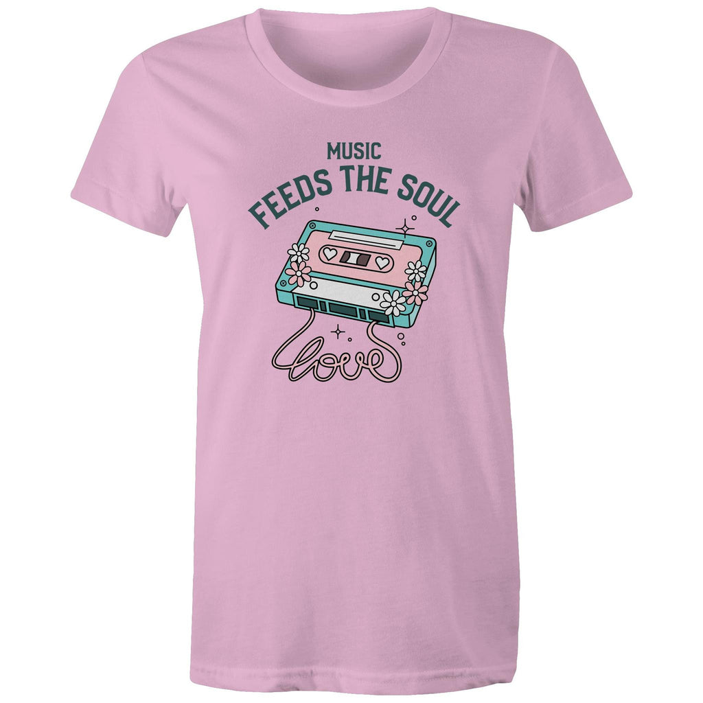 Music Feeds The Soul, Cassette Tape - Womens T-shirt Pink Womens T-shirt Music Printed In Australia